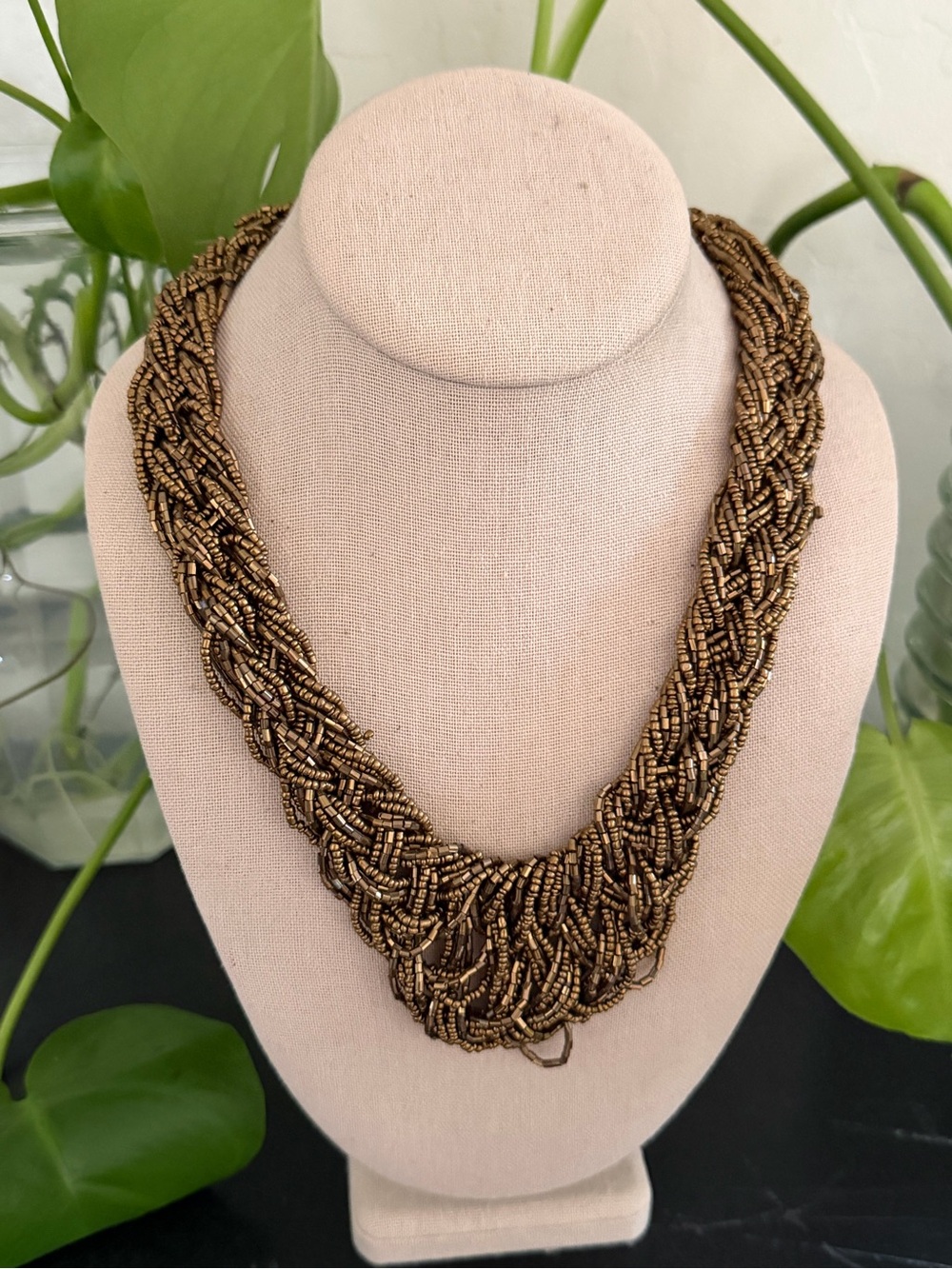 Vintage Bronze Metallic Braided Glass Seed Bead Necklace